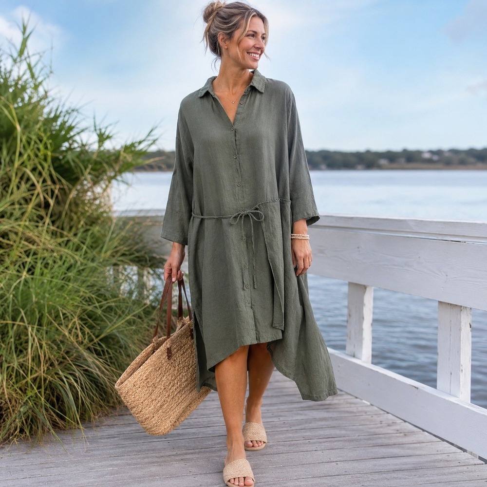 Lotus Eaters 100% Linen Shirt Dress Olive Green Button Front Tie Waist Women's S